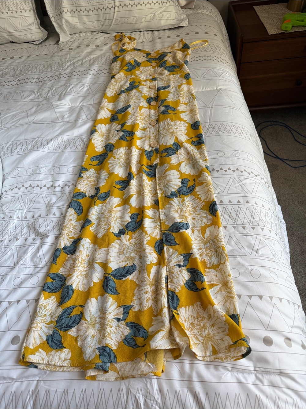 Women’s Yellow Floral Maxi Dress with Blue-Green Leaves